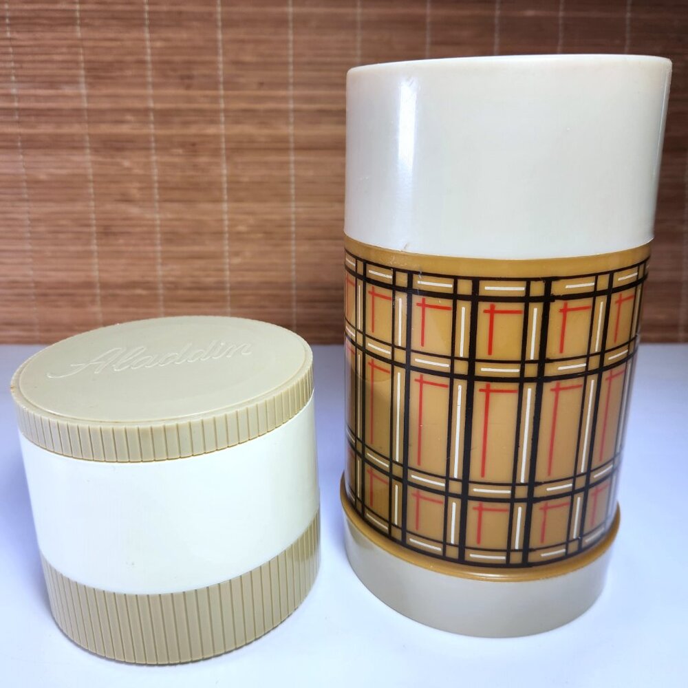 Vintage Aladdin Thermos Pair • Plaid & Beige • 1960s